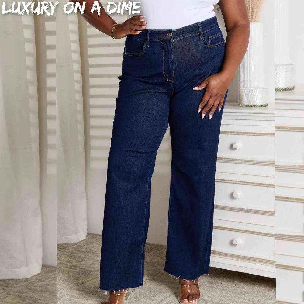 Dark Wash Raw Hem Classic Straight Leg Jeans with Pockets Judy Blue PLUS SIZE
